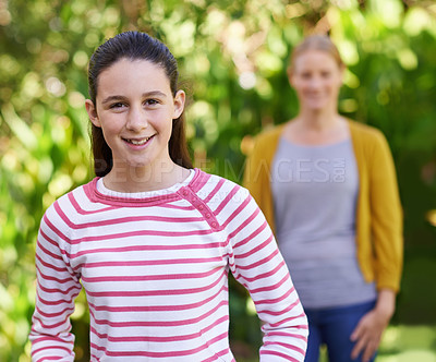 Buy stock photo Girl, mother and portrait in park with smile, support and outdoor bonding in nature together. Women, family and face of happy teen with proud mom in garden for sunshine, weekend and trees in backyard