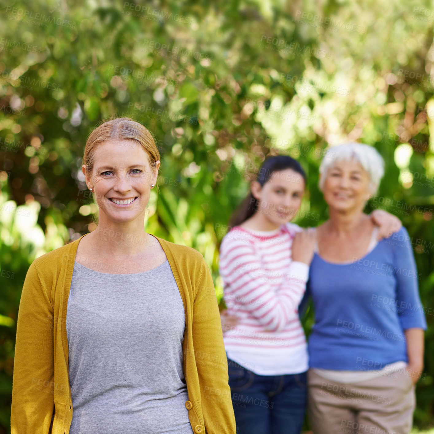 Buy stock photo Nature, portrait and woman with kid and grandmother in outdoor park, field or garden together. Happy, smile and female person with girl child and senior mother in retirement in backyard in Canada.