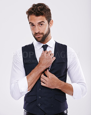 Buy stock photo Studio, suit and portrait of man, luxury and glamour of groom fitting, ready and confident of wedding. Adult, guy and male person with clothes for power, style and tuxedo for fashion or aesthetic