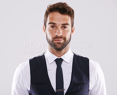 Buy stock photo Studio, confident and man in suit for portrait, stylish and fashion for aesthetic of glamour and classic. Adult, guy and male person in white background, tuxedo and professional for job and career