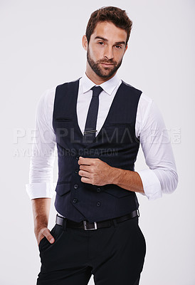 Buy stock photo Man, fashion and portrait in studio with tuxedo or suit and isolated for trendy, style and classy. Young person, smile and handsome for formal clothes with shirt and tie for designer wear and alone