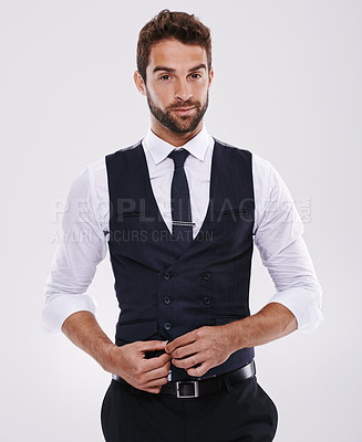 Buy stock photo Portrait, confident and professional man, entrepreneur and suit for fashion with aesthetic of glamour. Adult, guy and male person in white background, tuxedo and luxury for job and career in studio