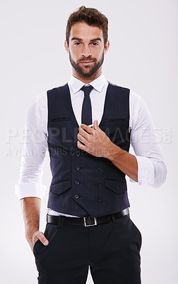 Buy stock photo Man, fashion and portrait in studio with tuxedo or suit and isolated for trendy, style and classy. Young person, smile and handsome for formal clothes with shirt and tie for designer wear and alone