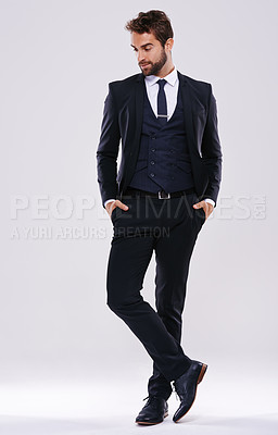 Buy stock photo Confidence, fashion and face of man with suit for style, elegance and formal wear isolated on white background. Male person, gentleman and businessman with trendy clothes, class and outfit in studio