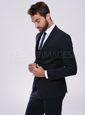 Buy stock photo Businessman, studio and professional fashion suit, corporate work clothes with confident male person. Formal, gentleman pride in jacket and trendy black tie, classy and designer on mockup background
