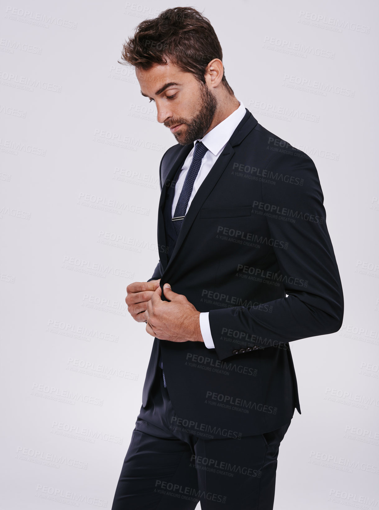 Buy stock photo Businessman, studio and professional fashion suit, corporate work clothes with confident male person. Formal, gentleman pride in jacket and trendy black tie, classy and designer on mockup background