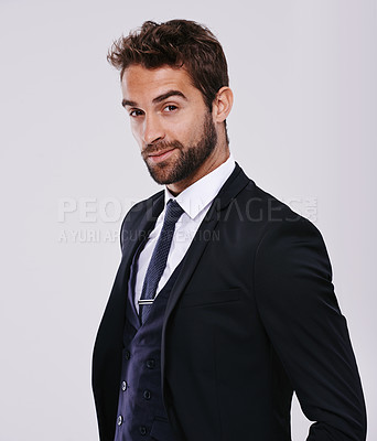 Buy stock photo Businessman, studio and proud smile or fashion, corporate work clothes with confident male person. Formal, professional in jacket and trendy black tie, classy and designer on mockup background