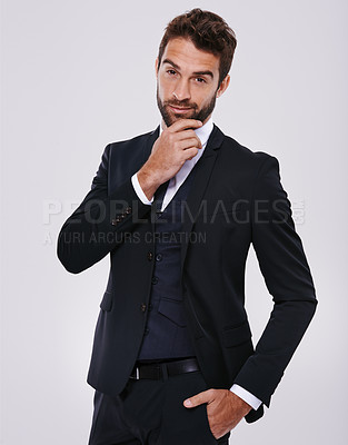Buy stock photo Businessman, studio and portrait fashion suit, corporate work clothes with confident male person. Formal, executive pride in jacket and trendy black tie, classy and designer on mockup background