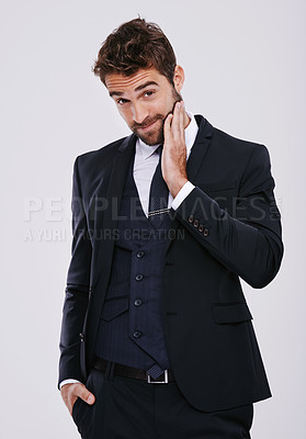Buy stock photo Smile, fashion and portrait of man with suit for style, elegance and formal wear isolated on white background. Male person, gentleman and businessman with trendy clothes, class and outfit in studio