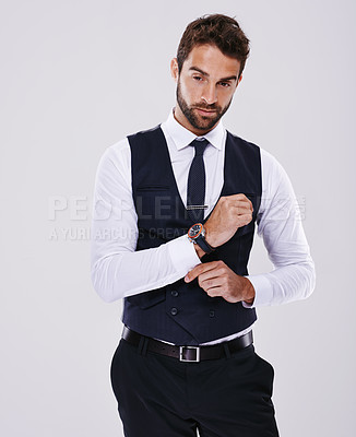 Buy stock photo Studio, portrait and gentleman in suit for fashion, stylish and luxury for aesthetic of glamour and classic. Adult, guy and male person in white background, tuxedo and professional for job and career
