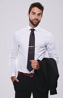 Buy stock photo Studio, businessman and portrait with style, proud and cool suit for professional fashion. Lawyer, attorney and consultant with necktie, startup and confidence in career isolated on white background