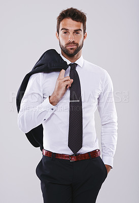 Buy stock photo Studio, businessman and portrait with fashion, proud and cool suit for professional style. Lawyer, attorney and consultant with ideas, vision and confidence in career isolated on white background