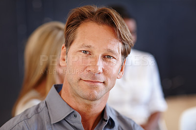 Buy stock photo Businessman, entrepreneur and executive in office, portrait and networking at workplace. Male professional, employees and confidence in corporate, businesspeople and work for success or startup