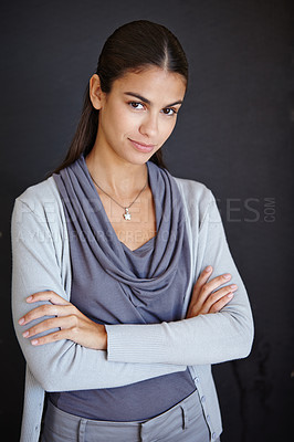 Buy stock photo Businesswoman, smile and portrait for career and professional with style and fashion on dark background. Young person, editor or consultant and confident with ambition for work or job company  