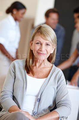 Buy stock photo Senior, woman and portrait in office for business with employees, manager or executive for company and happy for corporate growth. Female person, ceo and confident with team for project and leader