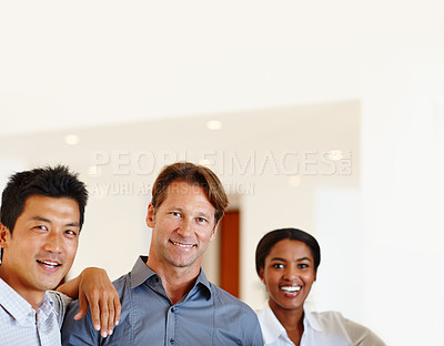 Buy stock photo Portrait, business people and diversity for teamwork in office with smile, friendship and happy. Global group, employees and professional in workplace for company with solidarity, support and work