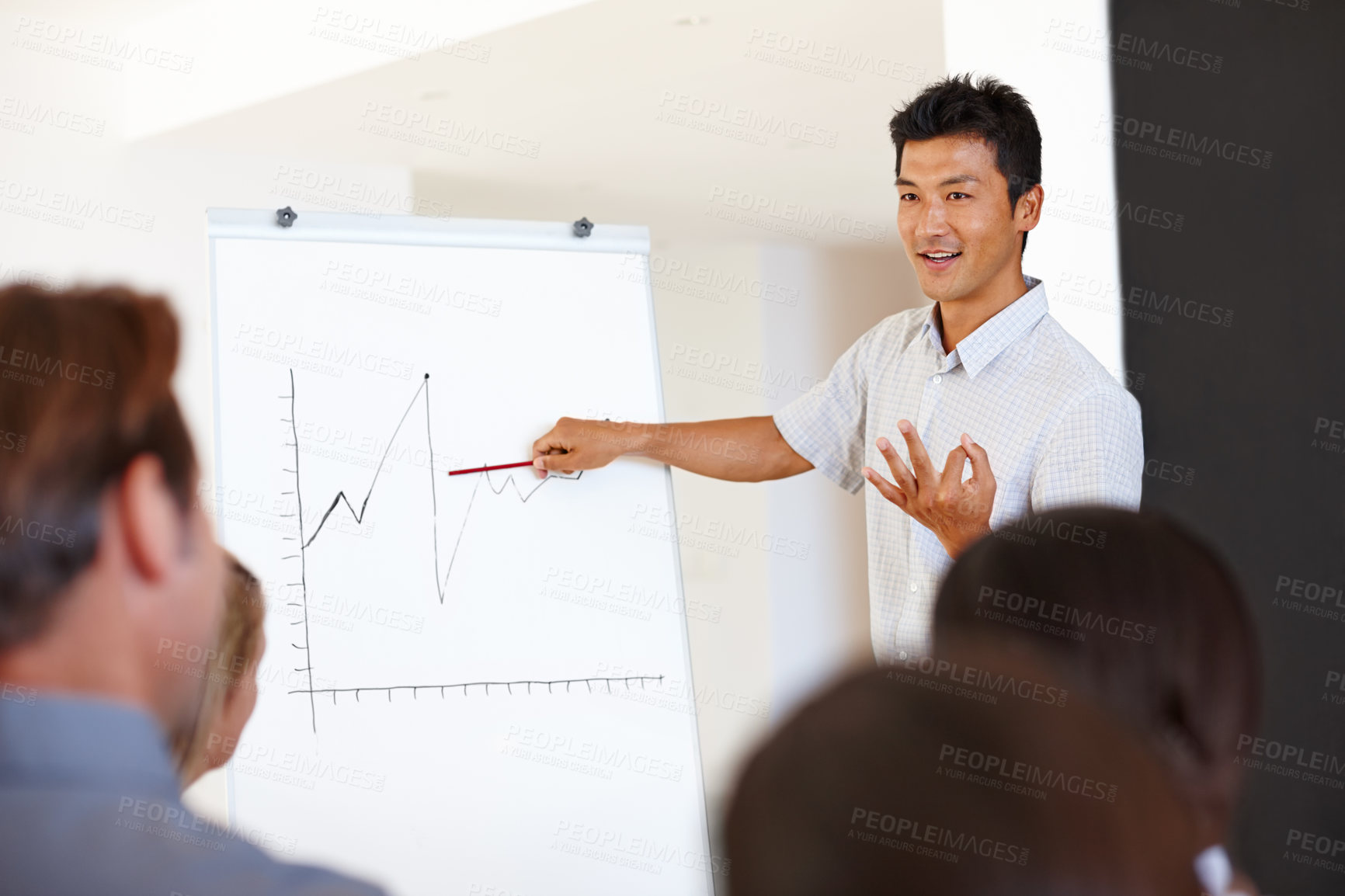 Buy stock photo Asian man, presentation and seminar for meeting, planning and teaching for collaboration. Businessman, teaching and happiness with white board, workshop and teamwork for project in office workplace