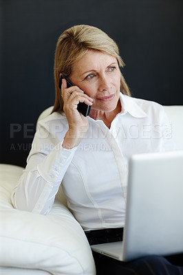 Buy stock photo Mature businesswoman, phone call and networking on deal in home, speaking and b2b communication. Female person, discussion and stock market trends for planning an investment, laptop and research