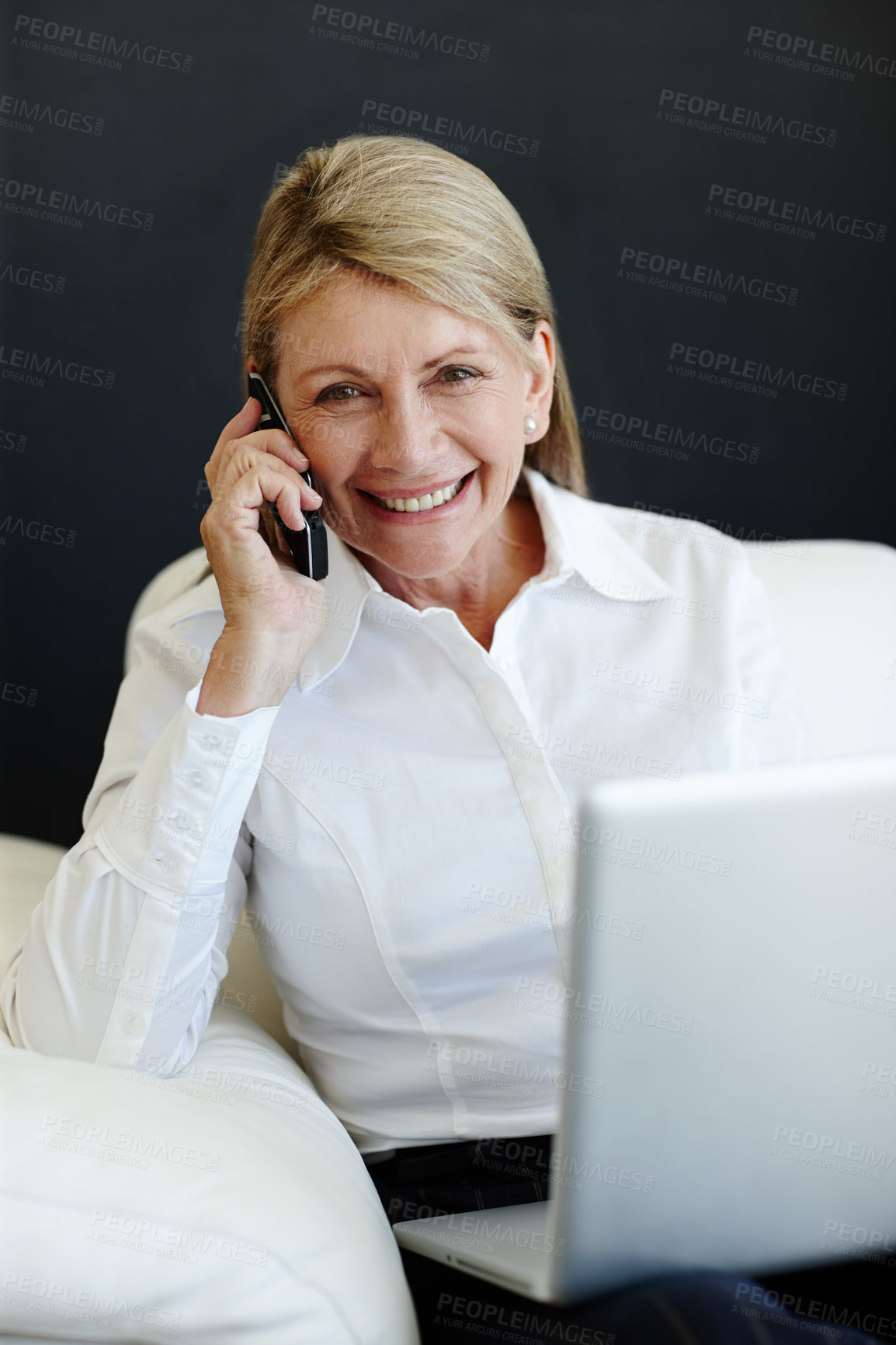 Buy stock photo Woman, portrait and phone call with laptop for business at home for remote work, multitasking and corporate conversation. Female person, happy and computer for online research and smartphone