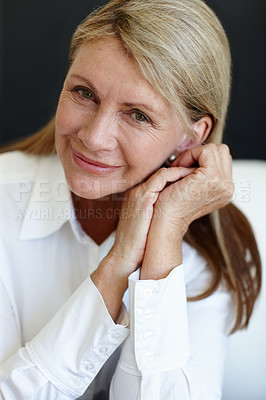 Buy stock photo Executive, mature and woman with confidence in portrait, for management in business with determination. Female person, manager and corporate in law with firm for work, ambition and pride in office