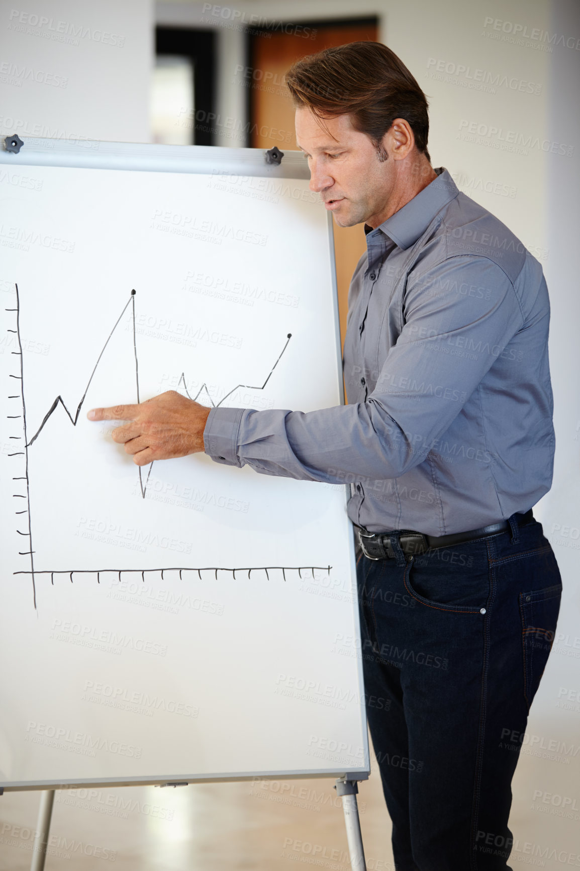 Buy stock photo Man, business people and presentation with charts, finance and corporate training with accounting and economy. Professional, presenter or graphs with workshop and planning with mentor, help or advice