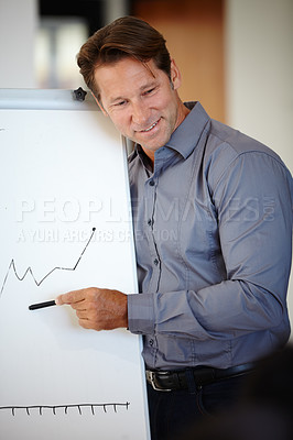 Buy stock photo Man, business people and presentation with charts, funding report and corporate training with accounting and economy. Professional, presenter and speaker with teamwork and graphs with profit growth