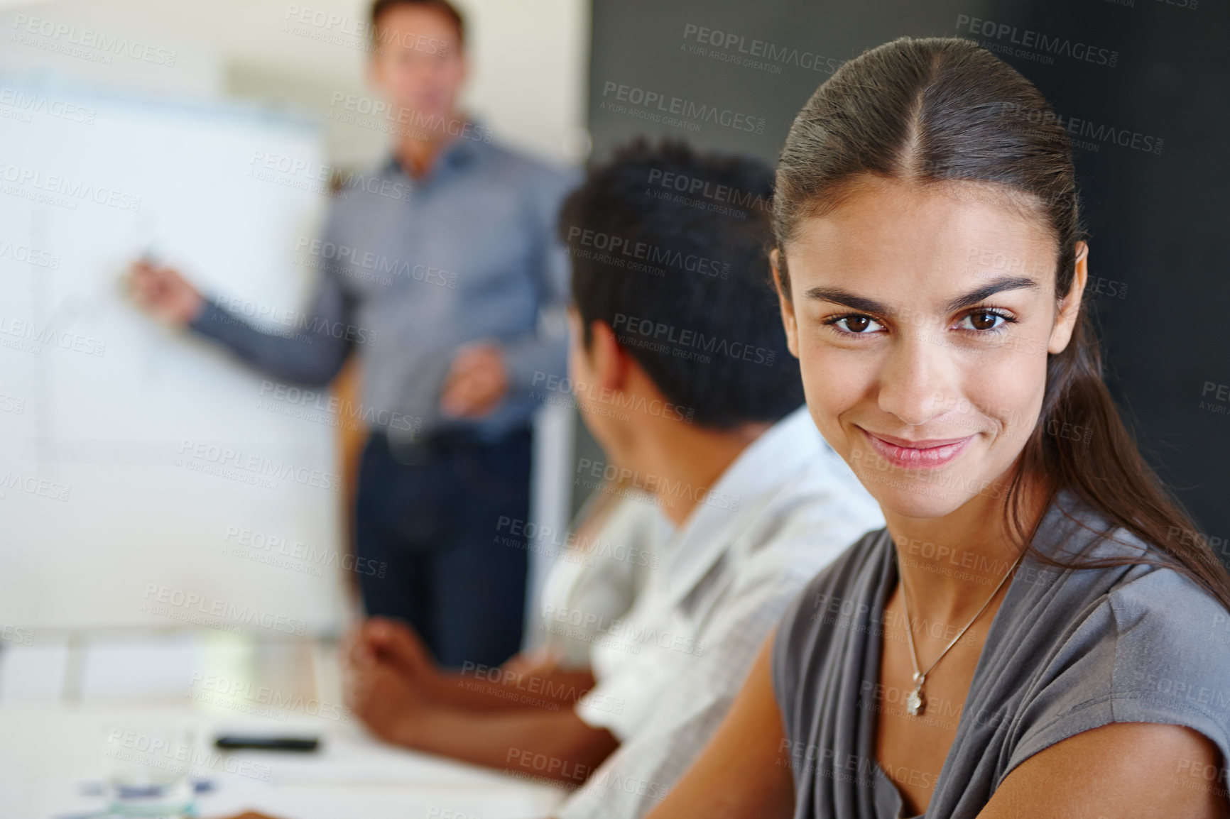 Buy stock photo Woman, meeting and portrait for discussion in office, confident and pride for problem solving. Female person, professional and commitment to team communication at work, smile and business planning