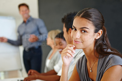 Buy stock photo Woman, meeting and portrait for collaboration in office, confident and pride for problem solving. Female person, professional and commitment to team communication, workplace and business planning