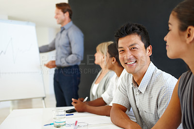 Buy stock photo Asian man, portrait and presentation for office, brainstorming and planning with future business graph. Employees, diversity and people for conversation, happiness or interactive corporate training