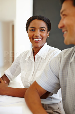 Buy stock photo Black woman, portrait and teamwork in office for business meeting with corporate, happy and diversity. Female employee, face and professional with smile at workplace for collaboration, work and staff