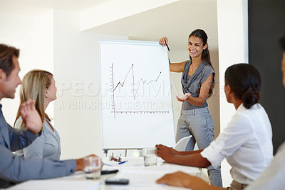 Buy stock photo Coworkers, presentation and strategy for office, brainstorming and planning for business. Employees, diversity and group growth with chart or graph, happiness and corporate designer meeting at work