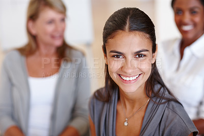 Buy stock photo Woman, smile and portrait for business project, profession and career in workplace. Young person, editor or journalist and happy for employment or job opportunity with ambition for organisation 