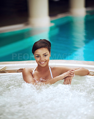 Buy stock photo Woman, portrait and hot tub for spa holiday at Miami resort for hydrotherapy treatment, stress free or relax. Female person, face and smile in jacuzzi or hospitality accommodation, hotel or travel