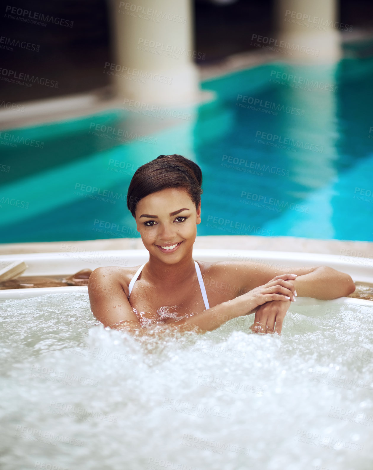 Buy stock photo Woman, portrait and hot tub for spa holiday at Miami resort for hydrotherapy treatment, stress free or relax. Female person, face and smile in jacuzzi or hospitality accommodation, hotel or travel