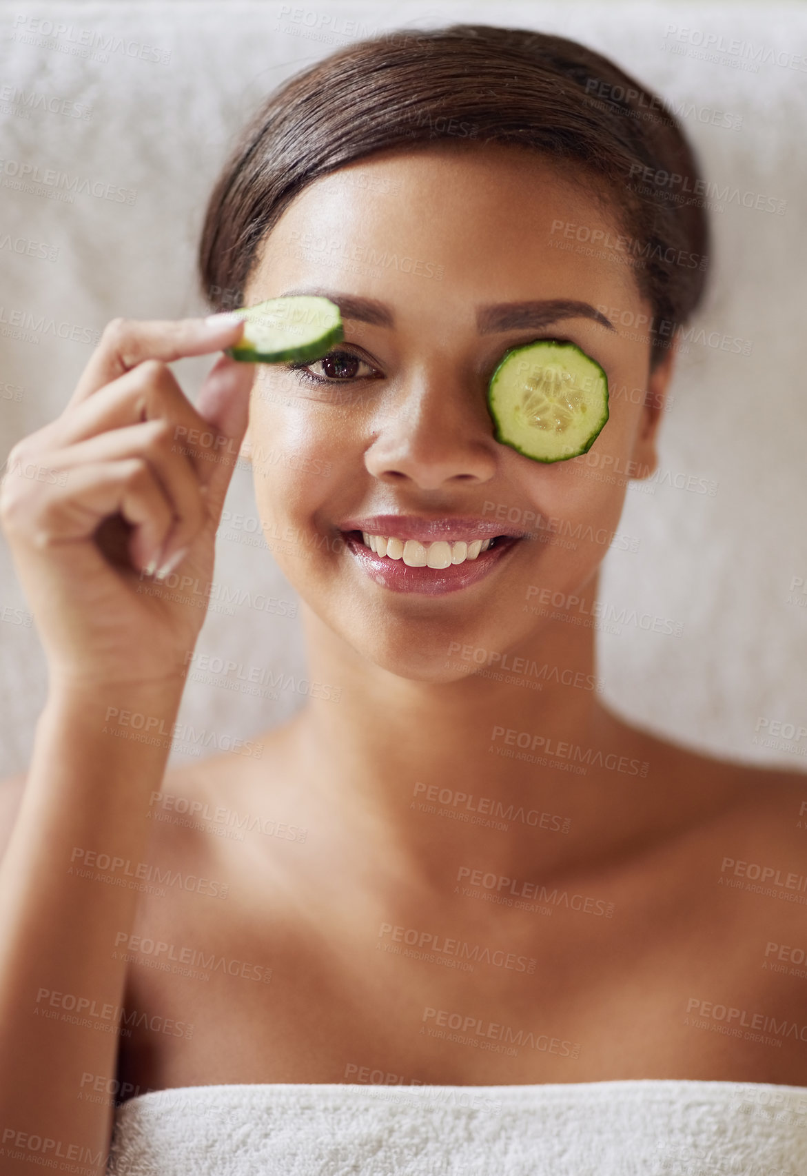 Buy stock photo Portrait, woman and spa with cucumber, skincare and smile for facial, relaxation and wellness. Detox, self care and aromatherapy in organic treatment, natural and eyes with dermatology and anti aging