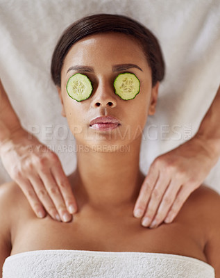 Buy stock photo Woman, spa and neck massage for beauty, masseuse hands and cucumber for dark circles. Resting, stress relief and calm for cosmetic and wellness, soothing therapy and natural or luxury treatment