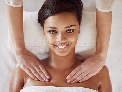 Buy stock photo Woman, spa and neck massage for portrait, masseuse hands and pressure for muscle tension. Resting, stress relief and calm for cosmetic and wellness, physical therapy and body or luxury treatment