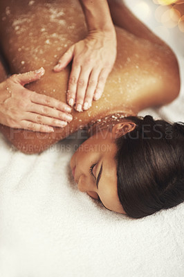 Buy stock photo Spa, exfoliate and massage for woman, hands and relax with peace, luxury and calm in bed of resort. Wellness, comfort and relief for client, hotel and natural with treatment, pamper and rest for skin