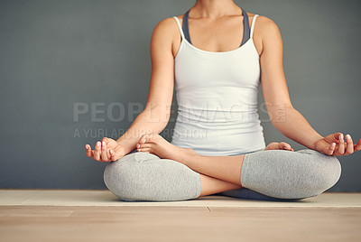 Buy stock photo Woman, hands and yoga meditation on floor in spiritual wellness, zen or healthy workout at home. Relax and calm female person or yogi meditating for mindful exercise or awareness on wall mockup space