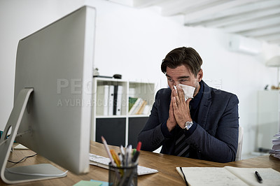 Buy stock photo Sinus, sneeze and business man in office with allergies,  blowing nose and virus working at desk. Corporate worker, healthcare and person with tissue for illness, cold and flu sneeze in workplace