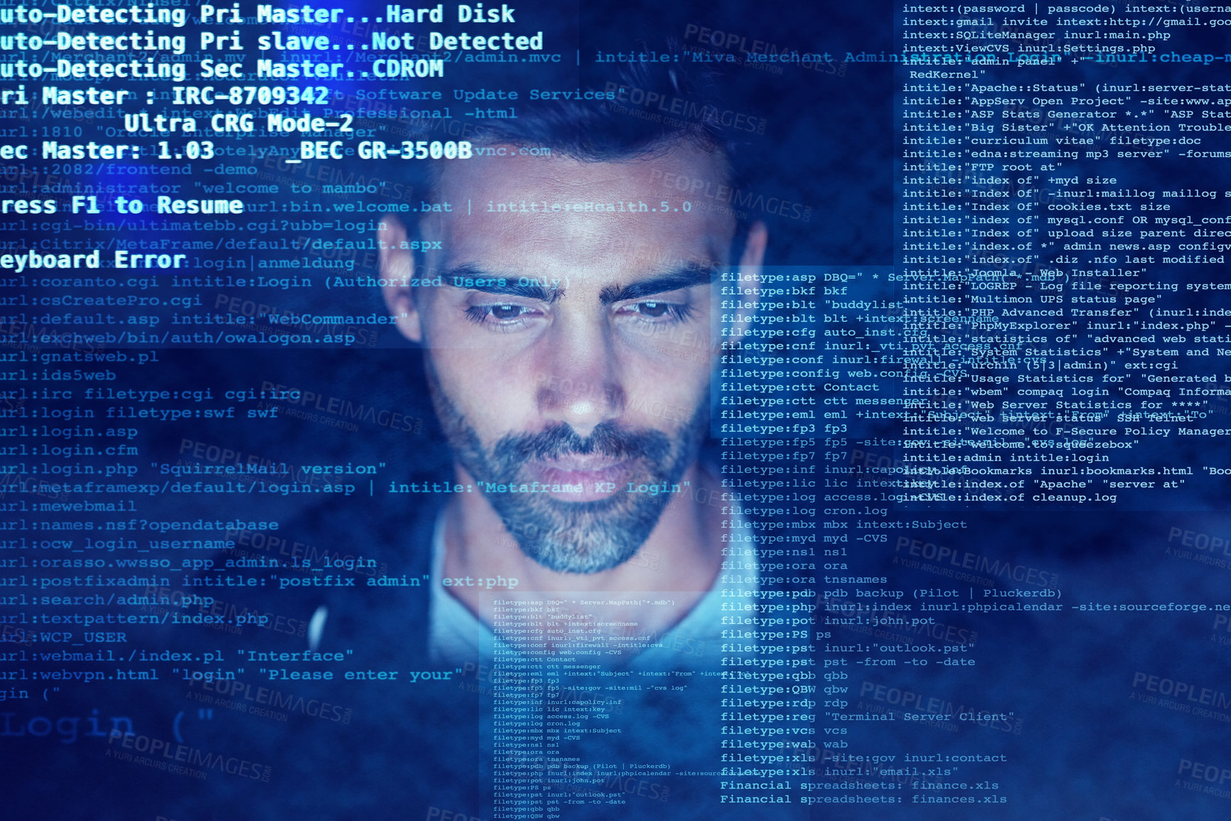 Buy stock photo Shot of a focussed computer hacker using a computer in the dark