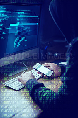 Buy stock photo Shot of an unidentifiable computer hacker using a computer in the dark