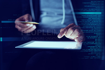 Buy stock photo Hacker, credit card and hands of person and tablet for scam, cyber security and password theft. Phishing, technology overlay and night with closeup online crime for crypto, malware and finance fraud