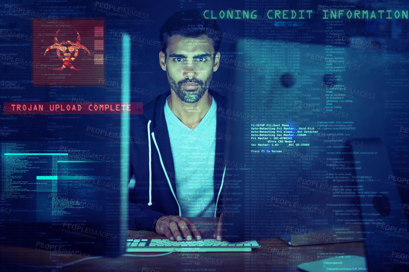 Buy stock photo Computer, overlay and man at night for virus upload, coding and information technology. Cybersecurity, software and person with password access to financial data, online banking fraud and malware