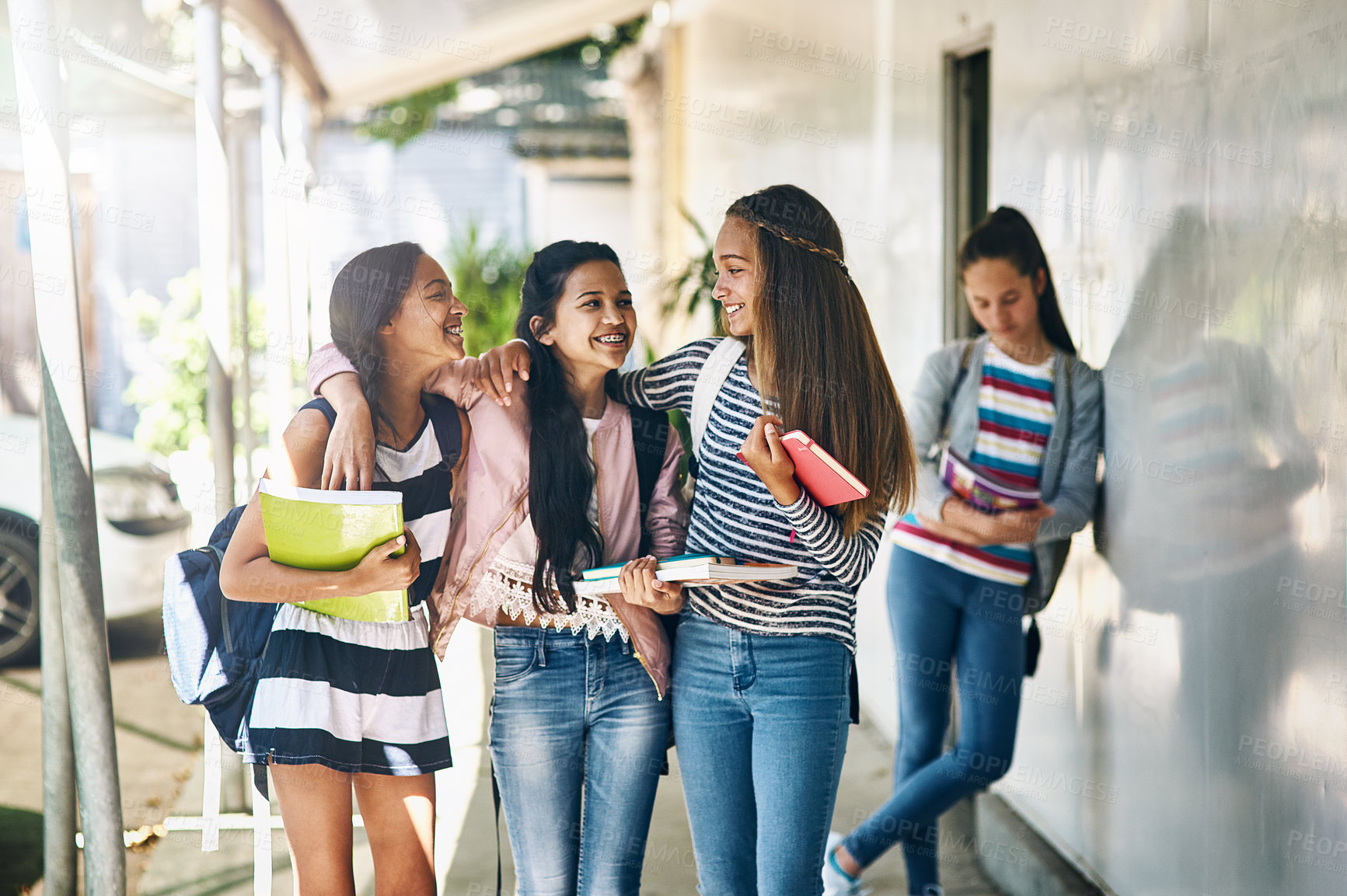 Buy stock photo Campus, students or conversation walking to class with friends for learning, education and development. Happy, girls or group together at school talking for networking, connection and bonding