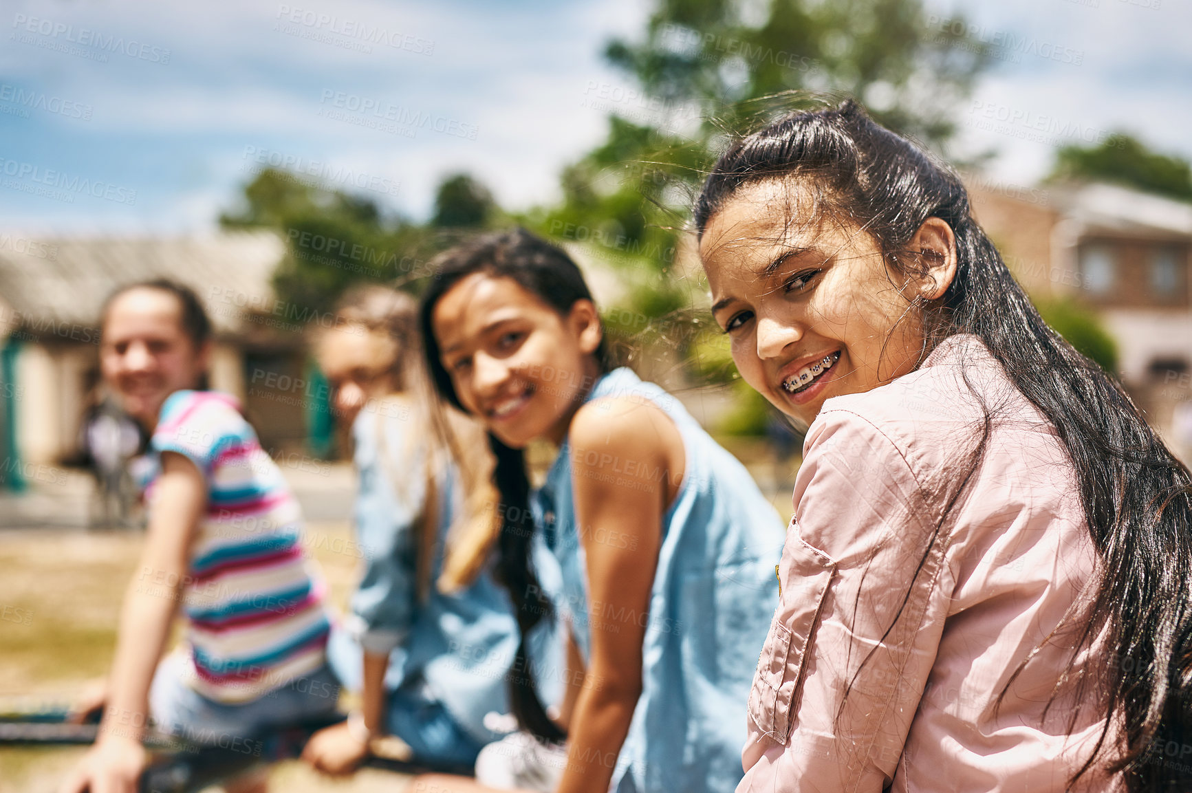 Buy stock photo Children, friends and portrait at playground park for childhood development in middle school, students or bonding. Girls, face and outdoor playing or youth together as recreation, wellness or fun