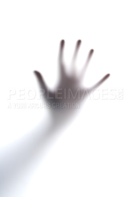 Buy stock photo Cropped shot of an unrecognizable person's hand against a seethrough film
