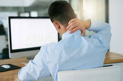 Buy stock photo Neck pain, stress and mockup with man and computer screen for headache, burnout and tired. Anxiety, mental health and injury with male employee in office for frustrated, mistake and muscle