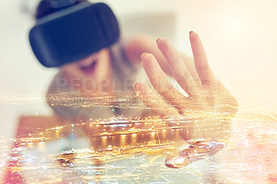 Buy stock photo Multiple exposure shot of young businesswoman wearing a VR headset superimposed over a cityscape
