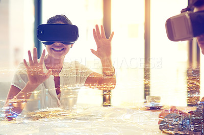 Buy stock photo Multiple exposure shot of young businesswoman wearing a VR headset superimposed over a cityscape
